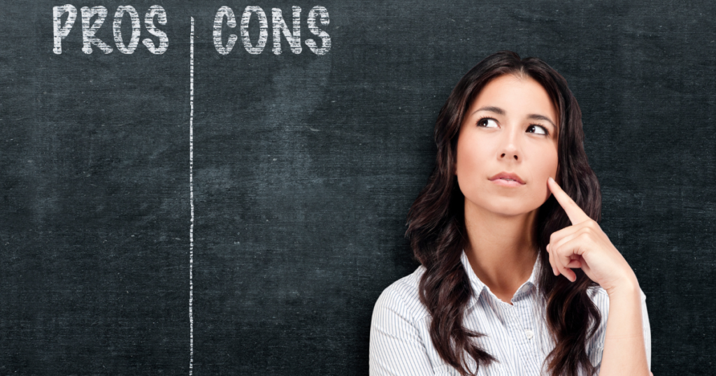 A woman thinking about the pros and cons of personal loans